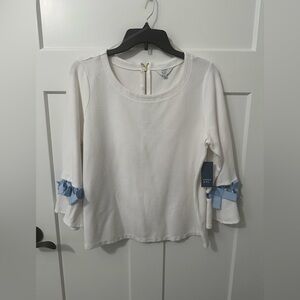 Crown & Ivy White Top with Blue Ribbon Details